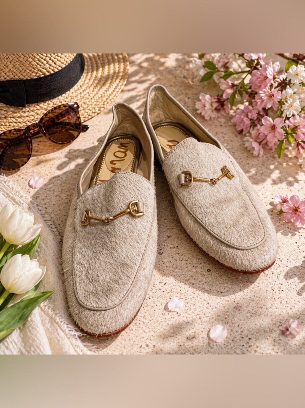 Sam Edelman Tan Loafers with Gold Accents size 7